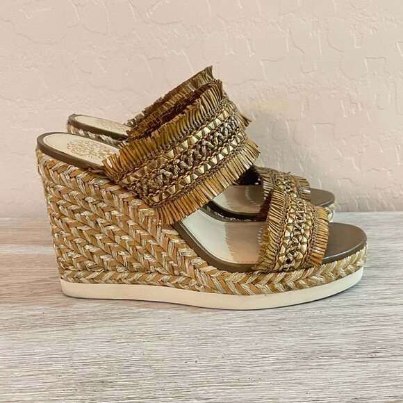Vince Camuto Wedge Espadrille Sandals 6.5 Brittnuh Brown Gold Tan Slides - Picture 5 of 12